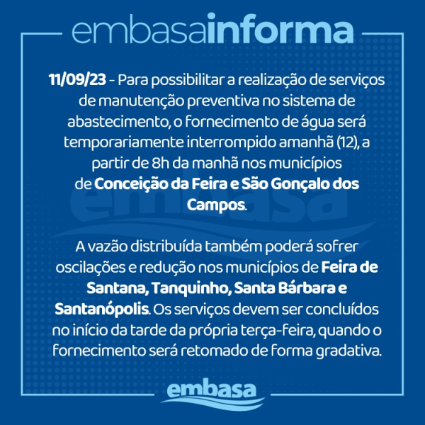 Abastecimento de água será interrompido amanhã (12) em Conceição da Feira e São Gonçalo dos Campos