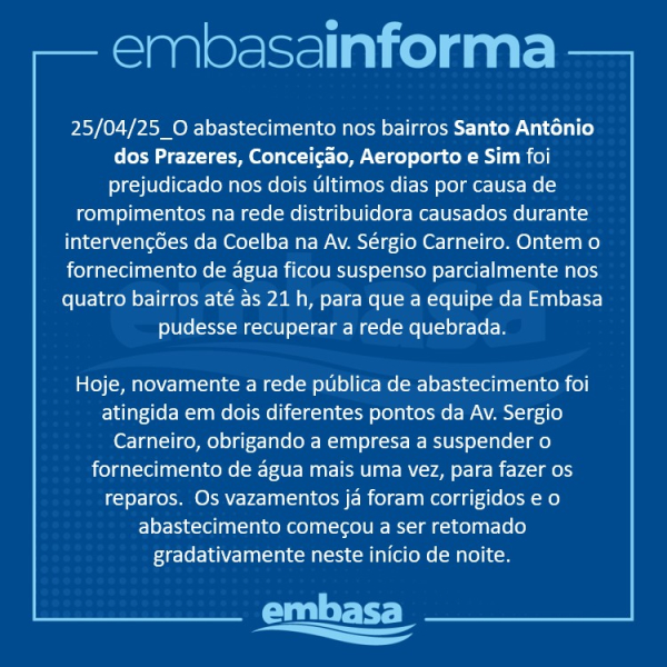 Embasa retoma abastecimento na região da Av. Sérgio Carneiro 