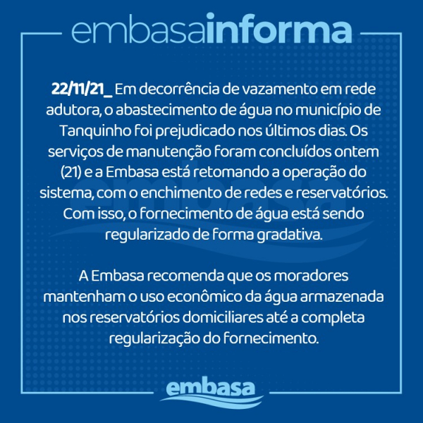 Embasa informa sobre abastecimento de água em Tanquinho