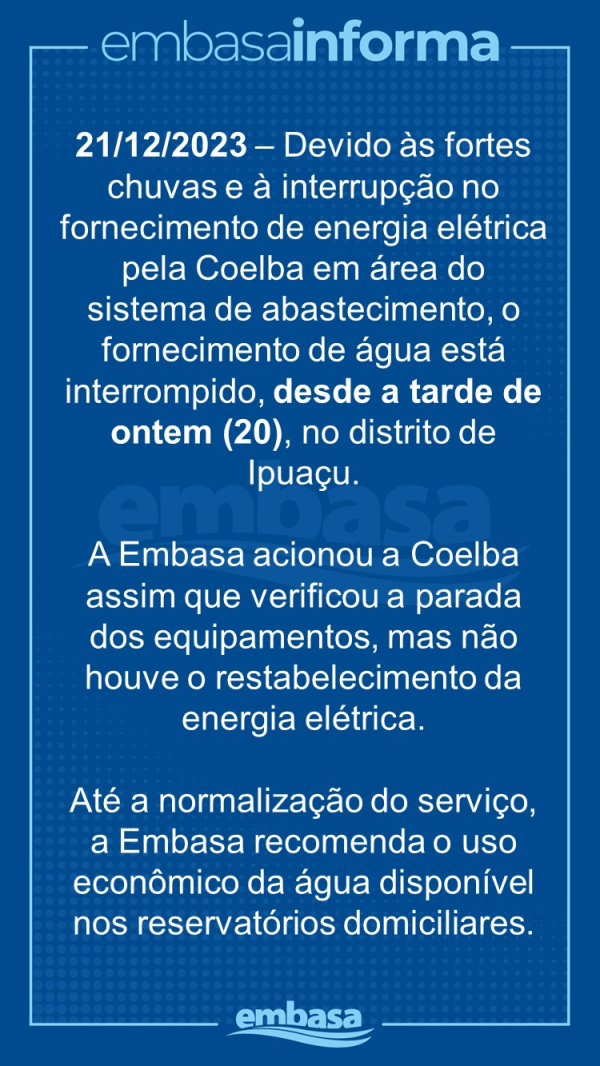Falta de energia interrompeu abastecimento de água no distrito de Ipuaçu