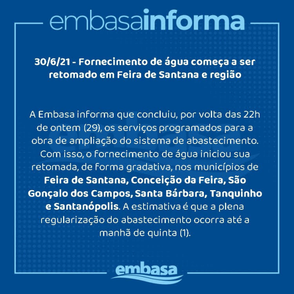 Fornecimento de água começa a ser retomado em Feira de Santana e região