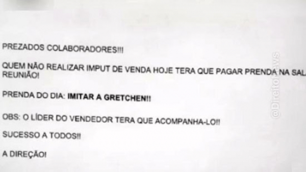 Funcionários são indenizados em R$ 150 mil por não baterem meta e serem obrigados a dançar Gretchen