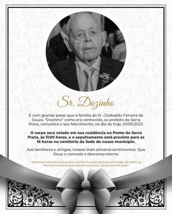 Morre Dozinho o ex-prefeito de Serra Preta aos 94 anos