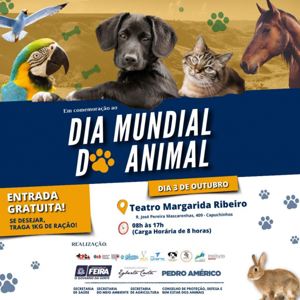 Palestras e Feira de adoção irão marcar o Dia Mundial do Animal em Feira de Santana