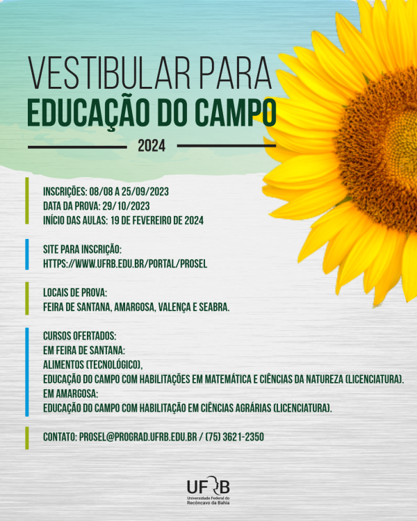 UFRB divulga vestibular para 190 vagas em 4 cursos de Educação do Campo